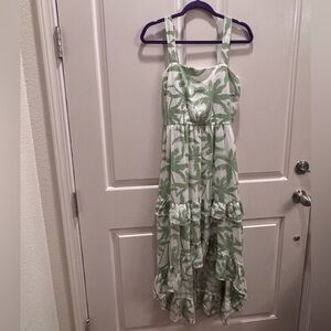 Trixxi White and Green Palm-Print High-Low Sundress
